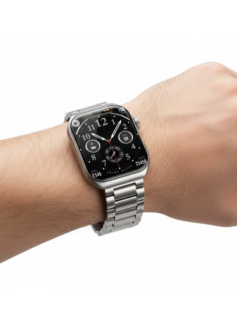 جيسي ساعة JSYES MS12 الذكية المنحنية بشاشة AMOLED ثلاثية الأبعاد، مصنوعة من الفولاذ المقاوم للصدأ، مع 3 أحزمة قابلة للتبديل، وميزة تتبع الصحة واللياقة البدنية، ومساعد صوتي يعمل بالذكاء الاصطناعي، وتقنية Dynamic Island - فضي/أسود - Image 4