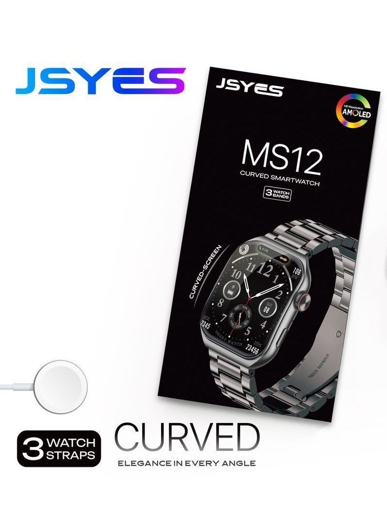 جيسي ساعة JSYES MS12 الذكية المنحنية بشاشة AMOLED ثلاثية الأبعاد، مصنوعة من الفولاذ المقاوم للصدأ، مع 3 أحزمة قابلة للتبديل، وميزة تتبع الصحة واللياقة البدنية، ومساعد صوتي يعمل بالذكاء الاصطناعي، وتقنية Dynamic Island - فضي/أسود - Image 2