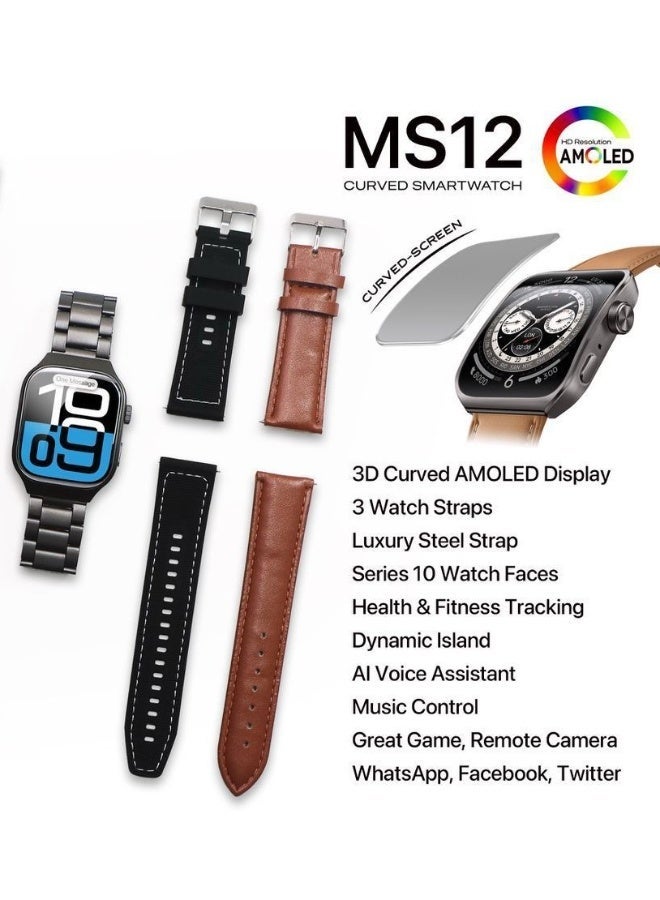جيسي ساعة JSYES MS12 الذكية المنحنية - شاشة AMOLED ثلاثية الأبعاد مع هيكل من الفولاذ المقاوم للصدأ و3 أحزمة قابلة للتبديل - تتبع الصحة واللياقة البدنية، مساعد صوتي بتقنية الذكاء الاصطناعي، تصميم ديناميكي، لون فضي وأسود - Image 2