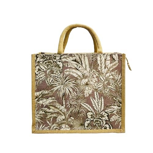 Sangra Multicolor Canvas Front and Jute Sides bag for Women and Men Lunch Bag with Zip and Handle (Jungle) - Image 1