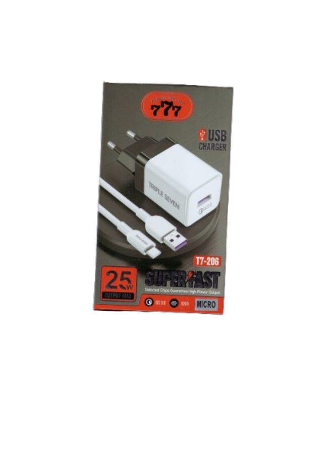 777 "777" ultra-fast 25W wall charger with cable, USB charging, model T7-206 - Image 1