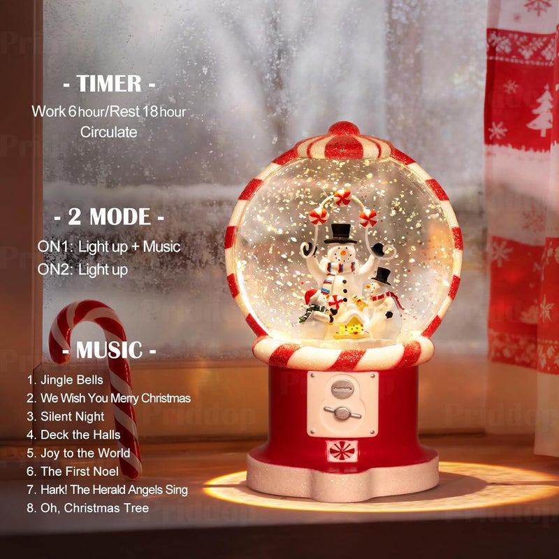 Priddop Snowman Snow Globe Christmas Classic Candy Vending Machine Shape Gifts USB/Battery Musical Glitter Snowfall USB/Battery Timer Christmas Decorations Indoor 7.8 inch - Image 3
