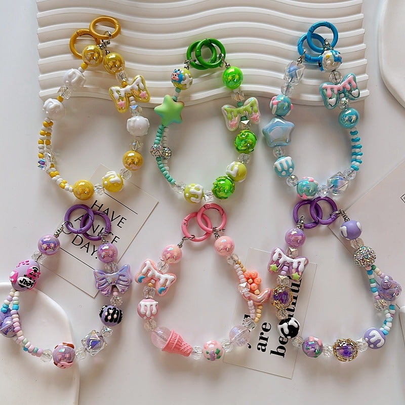 diy Creative Hand-painted Graffiti Cartoon Beads Bead Chain Mobile Phone Case Double Buckle Hanging Chain Keychain Car Accessories Girls - Image 2