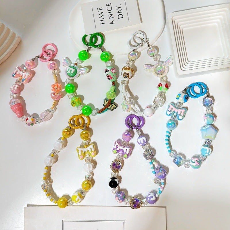 diy Creative Hand-painted Graffiti Cartoon Beads Bead Chain Mobile Phone Case Double Buckle Hanging Chain Keychain Car Accessories Girls - Image 3