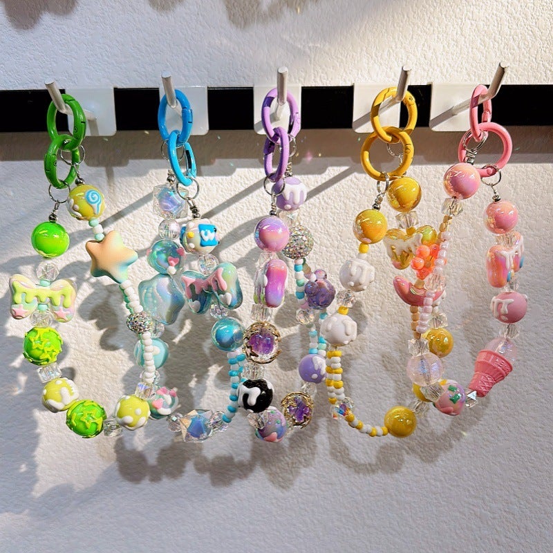 diy Creative Hand-painted Graffiti Cartoon Beads Bead Chain Mobile Phone Case Double Buckle Hanging Chain Keychain Car Accessories Girls - Image 4