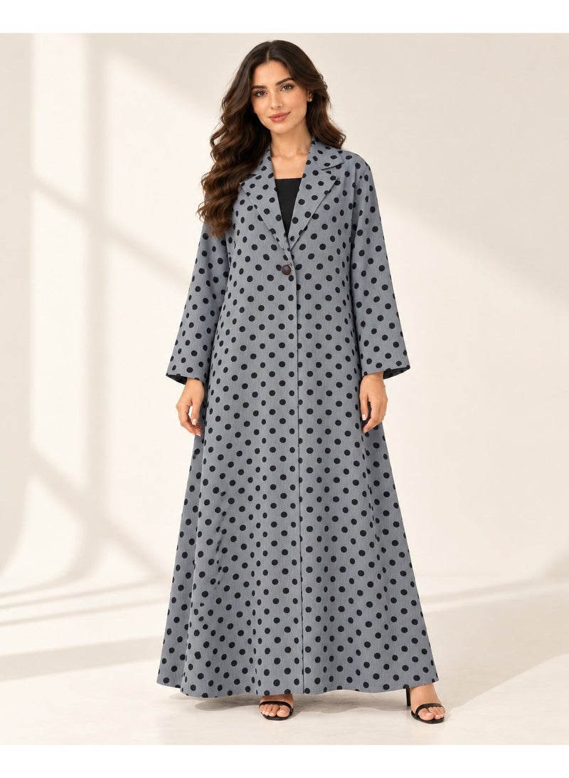 KAVALEE Women's Dark Grey Polka Dot Button-Front Abaya with Black Scarf - Image 1