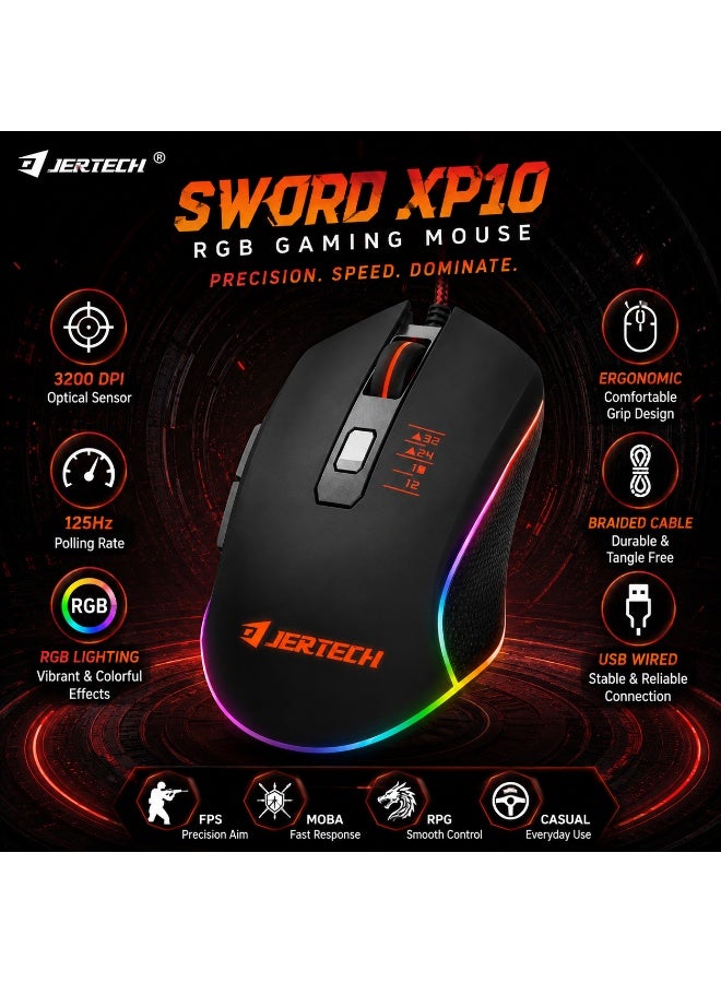 جيرتك فأرة الألعاب SWORD XP10 RGB - مستشعر بصري بدقة 3200 نقطة في البوصة، معدل استجابة 125 هرتز، كابل مضفر - Image 2