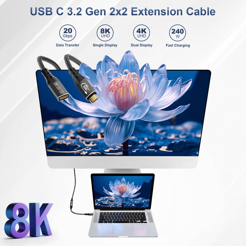 ZIKNYDO 4K USB C Extension Cable 10FT (USB 3.2 20Gbps Type C Extension, PD 3.1 240W 48V/5A) Video 8K@30Hz, 4K@144Hz/ 60Hz USBC Extender Cord for Thunderbolt 4, PSVR2, iPad, MacBook, Dell XPS, Switch - Image 2