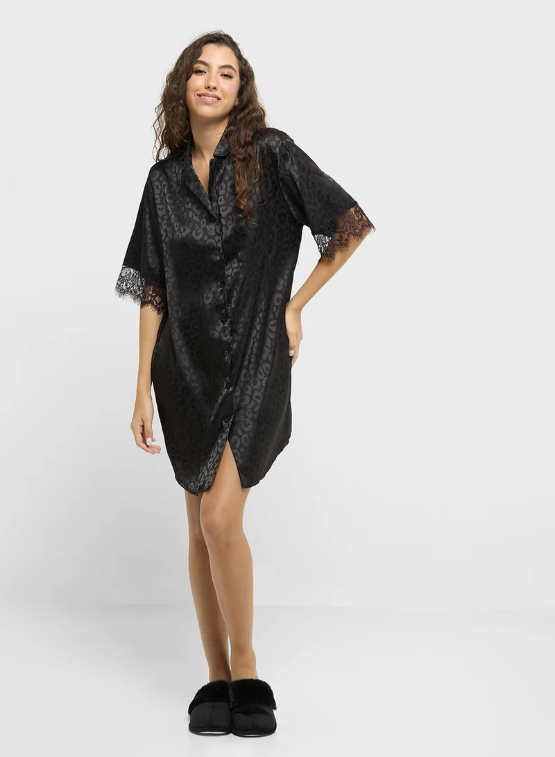 Ginger Satin Leopard Print Sleep Shirt With Lace Detailing