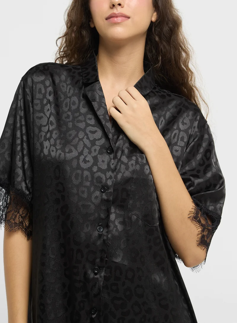 Ginger Satin Leopard Print Sleep Shirt With Lace Detailing