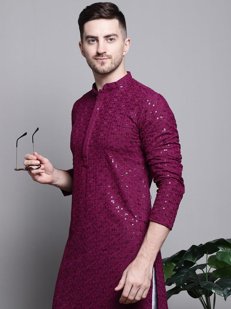 Jompers Men's Sequin Embroidered Pure Cotton Kurta with Pyjamas (Purple, M) - Image 4