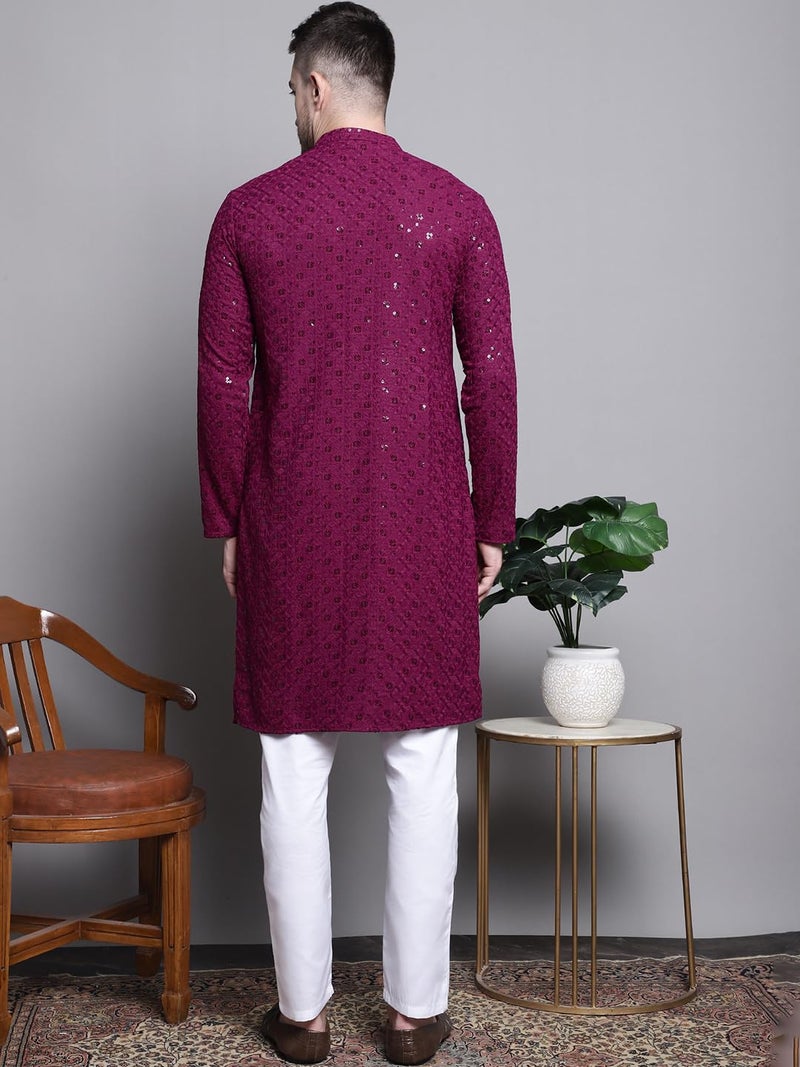 Jompers Men's Sequin Embroidered Pure Cotton Kurta with Pyjamas (Purple, M) - Image 2