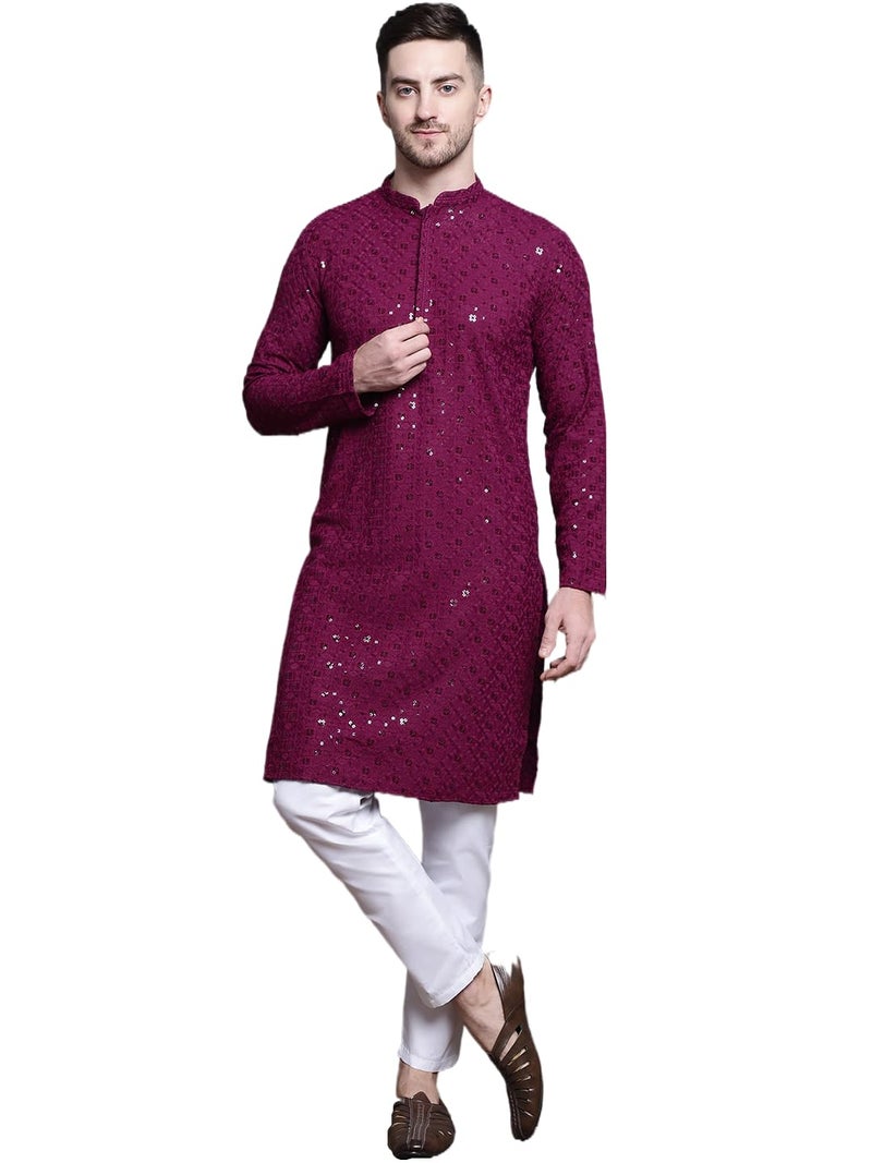 Jompers Men's Sequin Embroidered Pure Cotton Kurta with Pyjamas (Purple, M) - Image 1