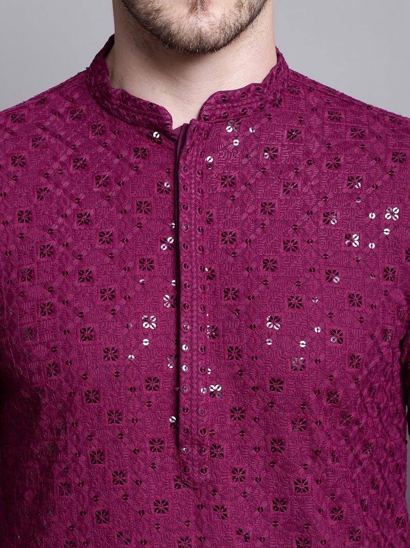 Jompers Men's Sequin Embroidered Pure Cotton Kurta with Pyjamas (Purple, M) - Image 5