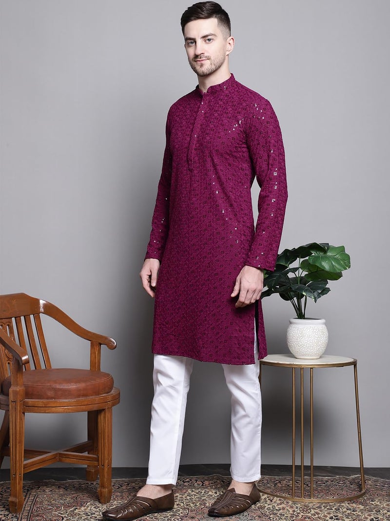 Jompers Men's Sequin Embroidered Pure Cotton Kurta with Pyjamas (Purple, M) - Image 3