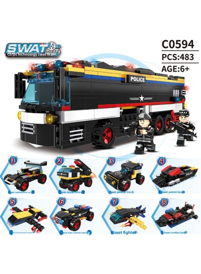 Woma Building Blocks Technology Special Police Team Series Boys Benefit Intelligence Assembled Police Car Aircraft Toys-Color:C0594 Eight-in-one Special Police Bus  - Image 1