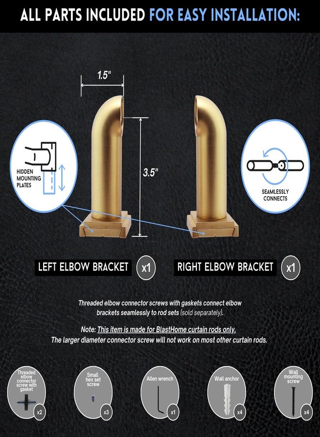 BlastHome® Luxury French Return Room Darkening Brackets - Premium Quality, Heavy Metal - Fits Only Signature Collection Curtain Rods (Rod Not Included) - 1 1/4" Large Diameter, Set of 2 - Brushed Gold - Image 4