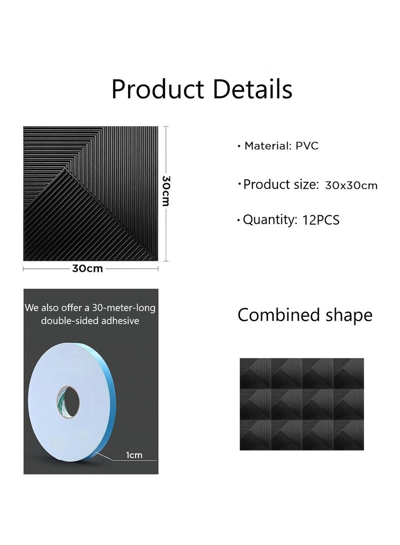 RATSAW 12 Pieces 3D Wall Panels 3D Texture PVC Wallpaper Diamond Design Decorative Wall Cover Wall Panels for Interior Wall Decor Accent Wall Paneling for Living Room Bedroom TV Wall Background Each 30x30cm Black  - Image 4