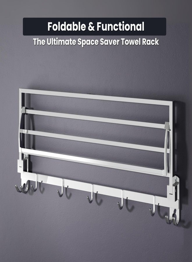 Gloxy Premium Bathroom Towel Rack with Hooks - 24 Inch Chrome Finish Stainless Steel Wall Mount Folding Towel Holder in Bathroom - Home Decor Rack with Towel Rod for Bathroom Fittings Accessories Set - Image 5