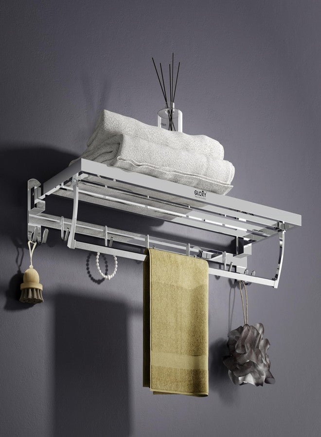 Gloxy Premium Bathroom Towel Rack with Hooks - 24 Inch Chrome Finish Stainless Steel Wall Mount Folding Towel Holder in Bathroom - Home Decor Rack with Towel Rod for Bathroom Fittings Accessories Set - Image 1