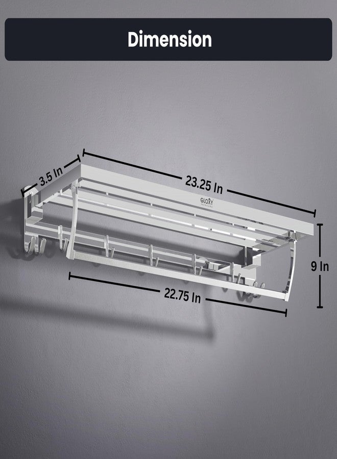 Gloxy Premium Bathroom Towel Rack with Hooks - 24 Inch Chrome Finish Stainless Steel Wall Mount Folding Towel Holder in Bathroom - Home Decor Rack with Towel Rod for Bathroom Fittings Accessories Set - Image 2