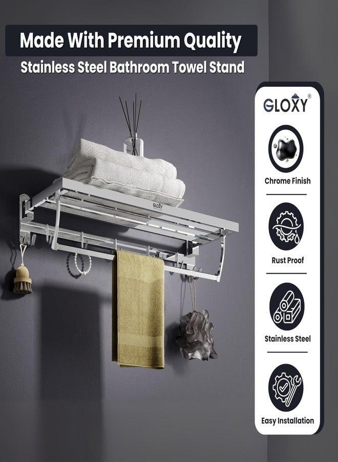 Gloxy Premium Bathroom Towel Rack with Hooks - 24 Inch Chrome Finish Stainless Steel Wall Mount Folding Towel Holder in Bathroom - Home Decor Rack with Towel Rod for Bathroom Fittings Accessories Set - Image 3
