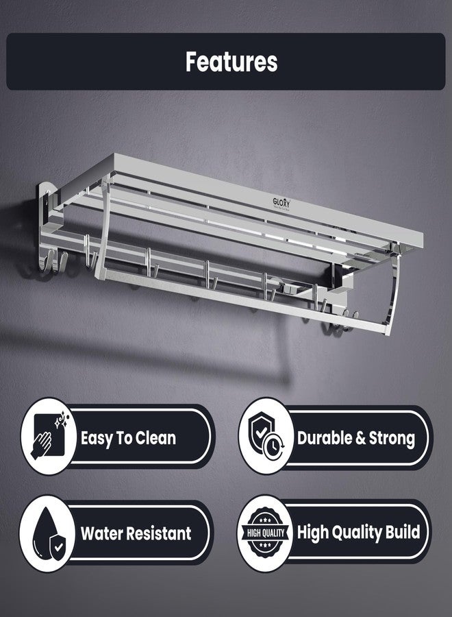 Gloxy Premium Bathroom Towel Rack with Hooks - 24 Inch Chrome Finish Stainless Steel Wall Mount Folding Towel Holder in Bathroom - Home Decor Rack with Towel Rod for Bathroom Fittings Accessories Set - Image 4