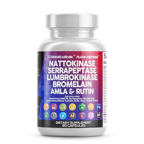 Clean Nutraceuticals Clean Nutraceuticals Nattokinase 4000 FU Serrapeptase 120000 SPU Lumbrokinase Enzyme Supplement with Bromelain Papain Papaya Enzymes Rutin Extract Amla Magnesium Vitamin B6 VIT C Capsules 