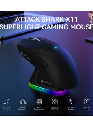 ماوس ألعاب لاسلكي خفيف الوزن X11 مع قاعدة شحن RGB، وضع ثلاثي - 2.4 جيجاهرتز/USB-C سلكي/بلوتوث، 22 ألف نقطة في البوصة، مستشعر بصري PAW3311، مفتاح HUYU، 5 أزرار قابلة للبرمجة لأجهزة الكمبيوتر الشخصية/ماك (أسود) - view 2