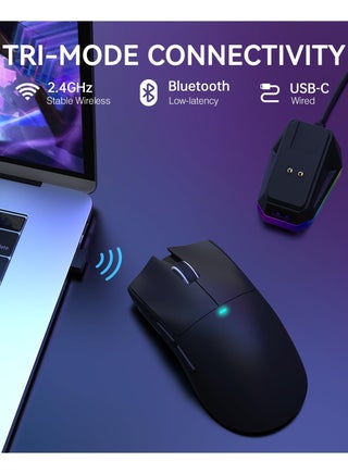 ماوس ألعاب لاسلكي خفيف الوزن X11 مع قاعدة شحن RGB، وضع ثلاثي - 2.4 جيجاهرتز/USB-C سلكي/بلوتوث، 22 ألف نقطة في البوصة، مستشعر بصري PAW3311، مفتاح HUYU، 5 أزرار قابلة للبرمجة لأجهزة الكمبيوتر الشخصية/ماك (أسود) - view 3