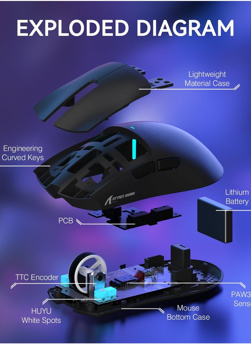 Attack Shark X11 Lightweight Wireless Gaming Mouse with RGB Charging Dock,Tri-Mode-2.4G/USB-C Wired/BT,22K DPI,PAW3311 Optical Sensor,HUYU Switch, 5 programmable Buttons for PC/Mac(Black)  - Image 5