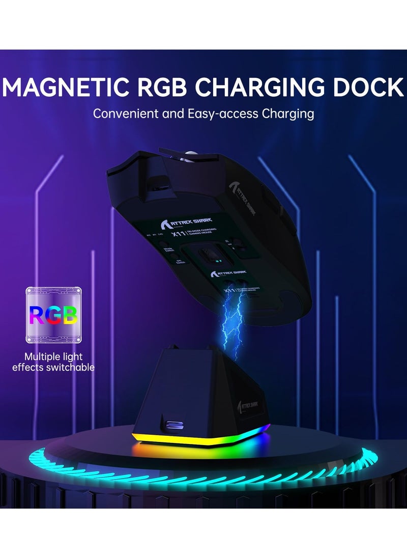 ماوس ألعاب لاسلكي خفيف الوزن X11 مع قاعدة شحن RGB، وضع ثلاثي - 2.4 جيجاهرتز/USB-C سلكي/بلوتوث، 22 ألف نقطة في البوصة، مستشعر بصري PAW3311، مفتاح HUYU، 5 أزرار قابلة للبرمجة لأجهزة الكمبيوتر الشخصية/ماك (أسود)