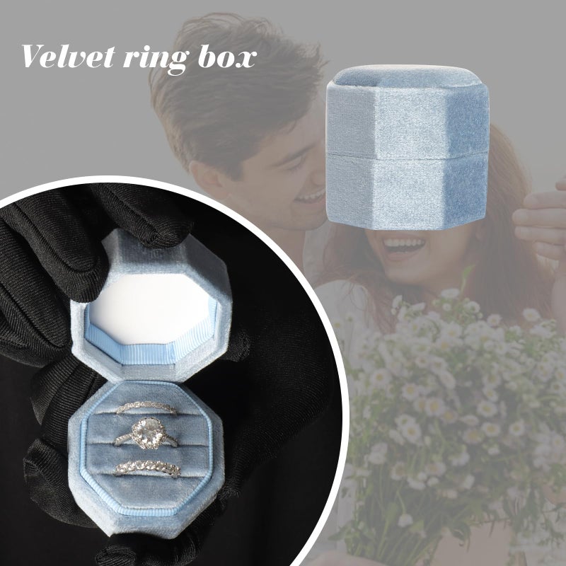 Gvhntk Velvet 3 Slots Jewelry Ring Box Vintage Octagon Ring Display Holder Gift Premium Gorgeous Case with Detachable Lid for Wedding Engagement Proposal Keepsake Ceremony (Blue) - Image 2