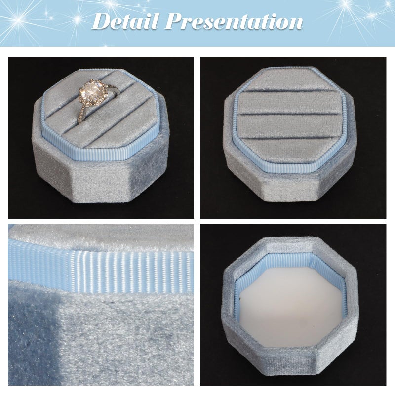 Gvhntk Velvet 3 Slots Jewelry Ring Box Vintage Octagon Ring Display Holder Gift Premium Gorgeous Case with Detachable Lid for Wedding Engagement Proposal Keepsake Ceremony (Blue) - Image 5