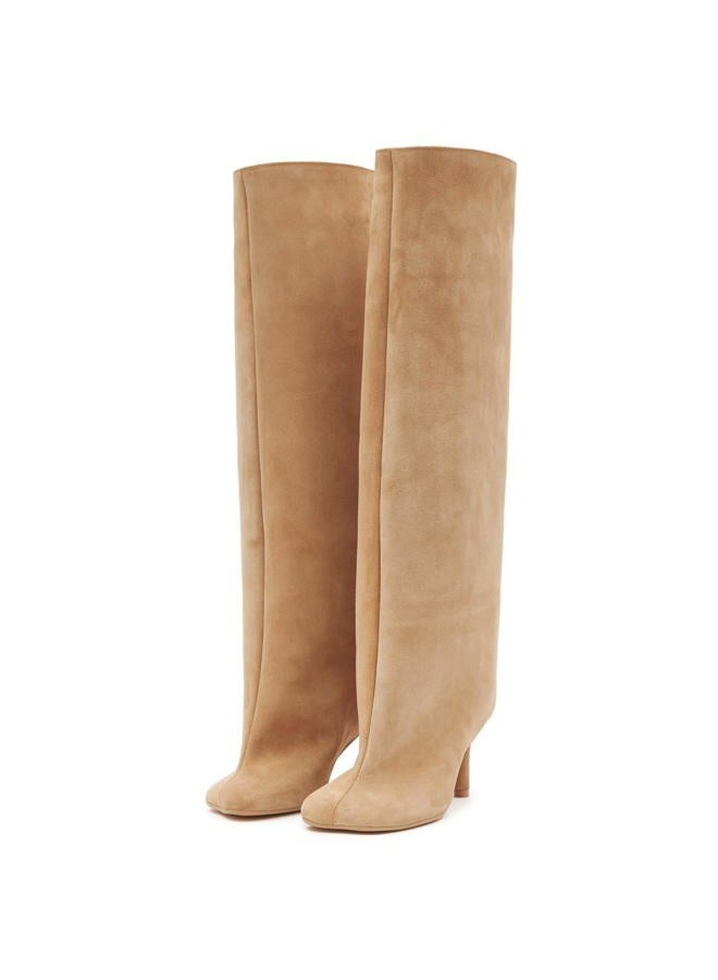 Women's Suede Knee High Boots Square Toe Stiletto Heels Wide Calf Tall Boots, Nude, 12