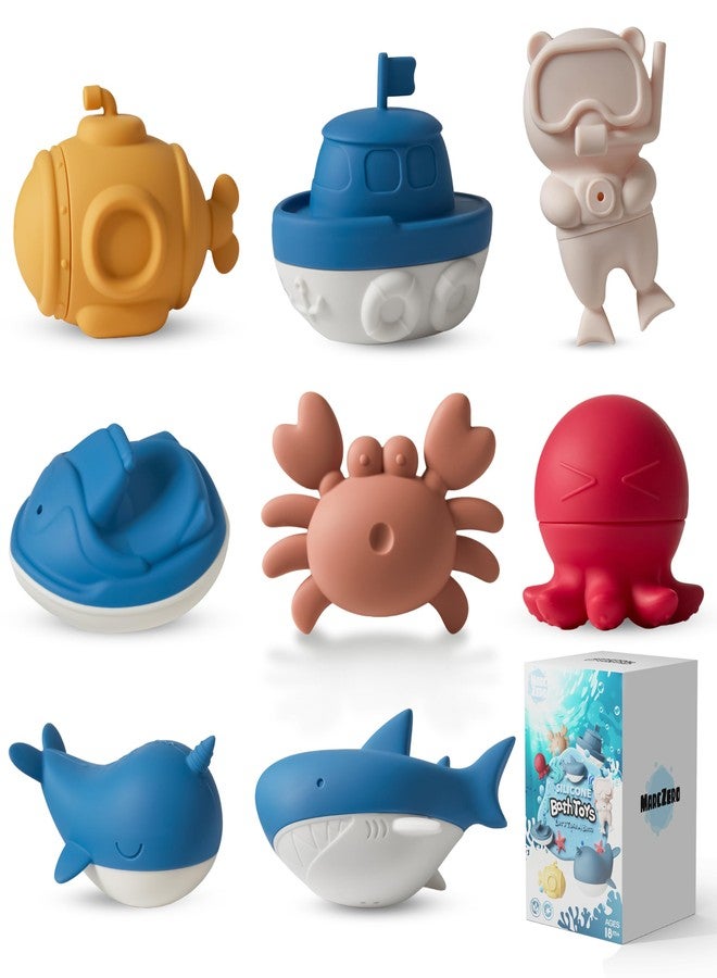 MarcZero Ocean Silicone Bath Toys 8Pcs for Toddlers Kids Babies,Bathtub Water Toys,Soft Squeezable Easy-Grip Pool Toys Set (Blue) - Image 1