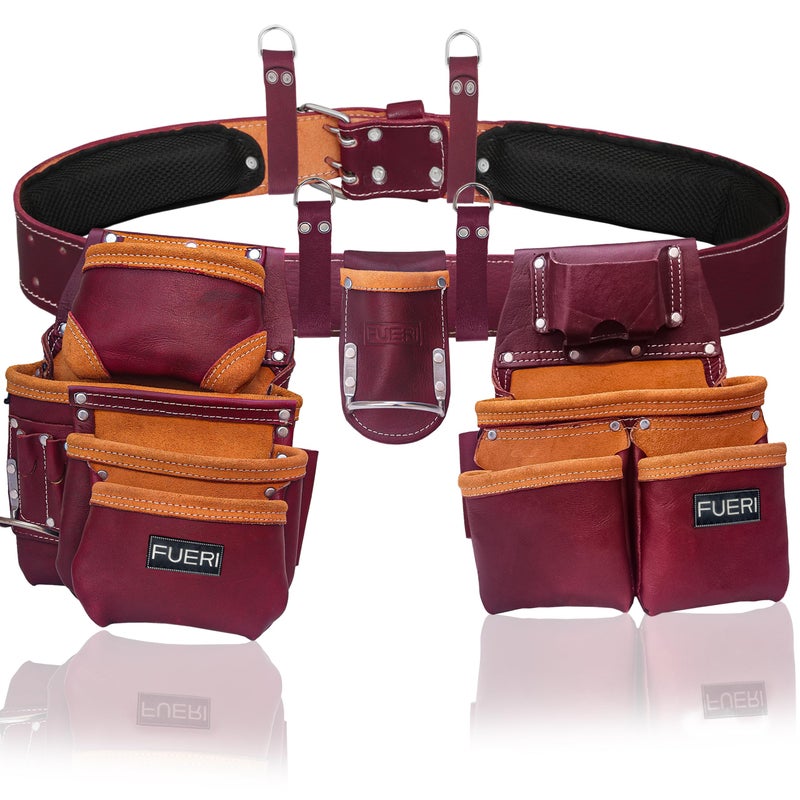 Heavy Duty 19 Pocket Leather Tool Belt Multipurpose Pockets Work Organizer Pouch Framing Fat Lip Tool Holder for Carpenter Construction Handyman and Electrician Tool Belt Set