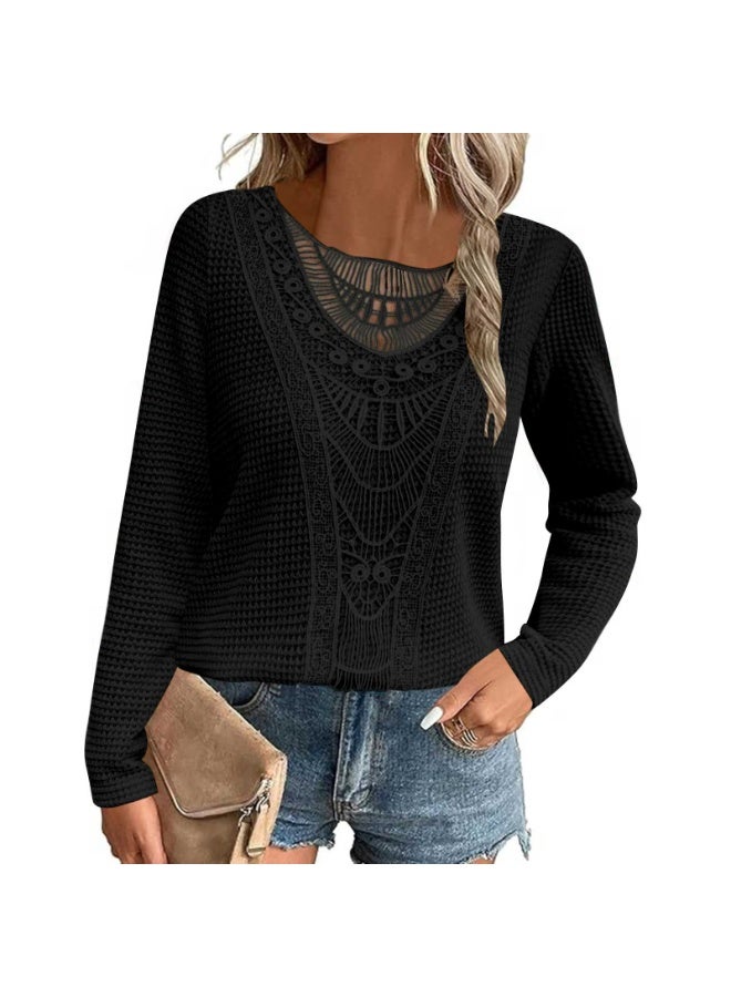 general Womens Summer Tops Short/Long Sleeve Lace Shirts Boho Crew Neck Crochet Knit Blouse Casual Fashion - Image 1