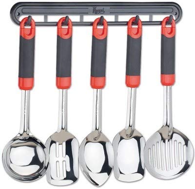 ZUNBELLA Royal Stainless Steel Cooking Utensil Set Serving Spoons with Plastics Handlewith Stand Set of 5