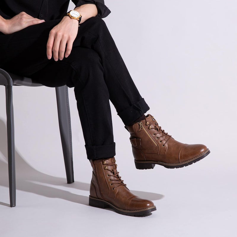 Vostey Men's Casual Motorcycle Combat Ankle Boots - Dark Brown - Image 5