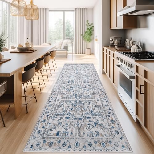 jinchan Lima Kitchen Runner Rug 3x8 Vintage Floral Machine Washable NonSlip Hallway Runner Rug with Rubber Backing UltraThin Carpet for Bedroom Laundry Room Farmhouse 3x8ft Blue - Image 1