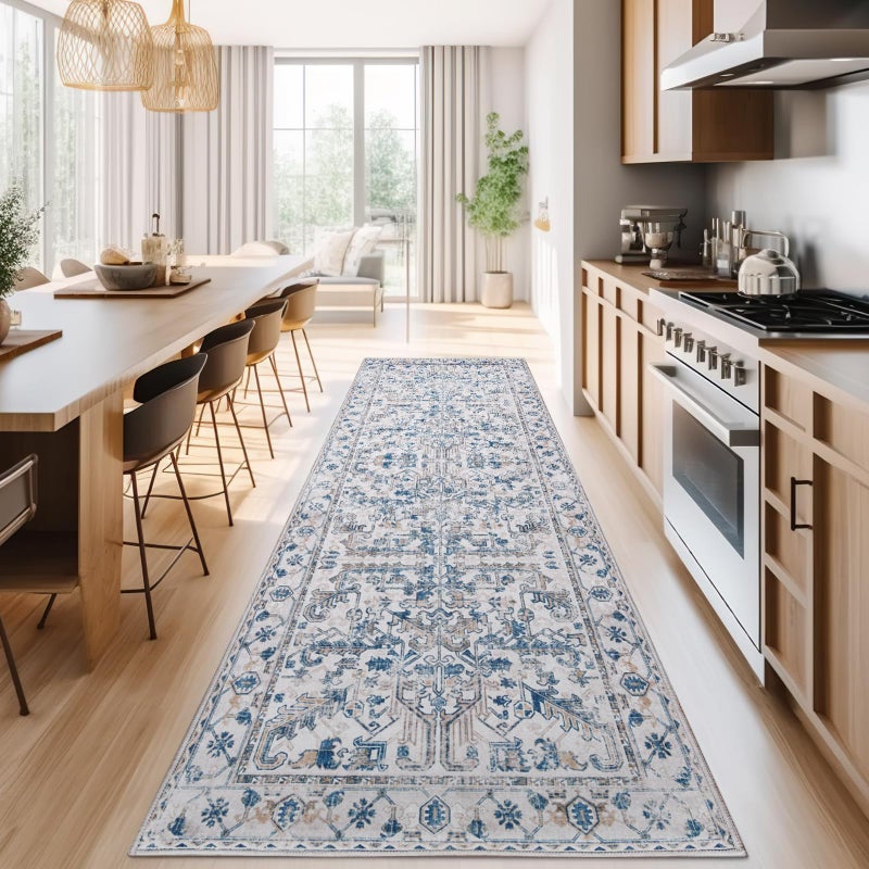 jinchan Lima Kitchen Runner Rug 3x8 Vintage Floral Machine Washable NonSlip Hallway Runner Rug with Rubber Backing UltraThin Carpet for Bedroom Laundry Room Farmhouse 3x8ft Blue - Image 2