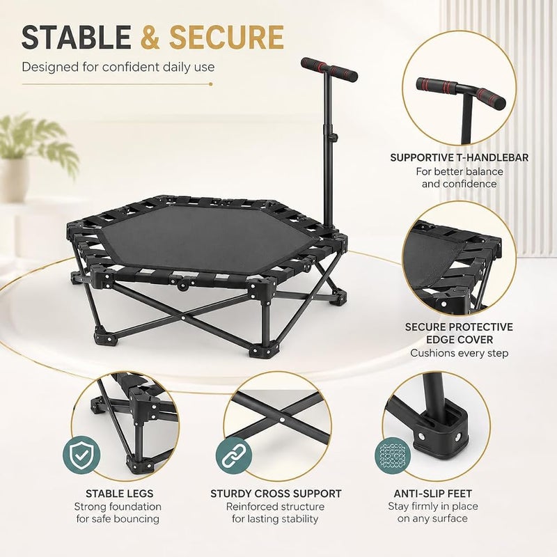 Wemart Trampoline, 44inch Foldable Mini Trampoline with Adjustable Height Foam Handle, Fitness Indoor Exercise, Body Exercise and Fitness, Stable and Quiet Exercise Foldable for Adults Kids - Image 3
