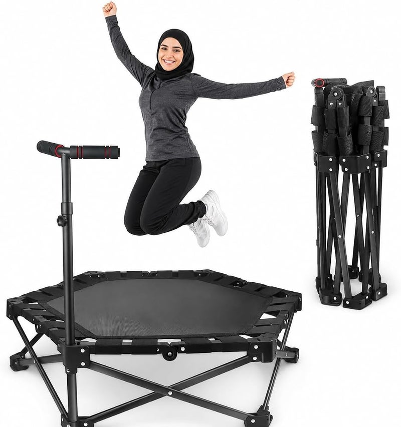 Wemart Trampoline, 44inch Foldable Mini Trampoline with Adjustable Height Foam Handle, Fitness Indoor Exercise, Body Exercise and Fitness, Stable and Quiet Exercise Foldable for Adults Kids - Image 1