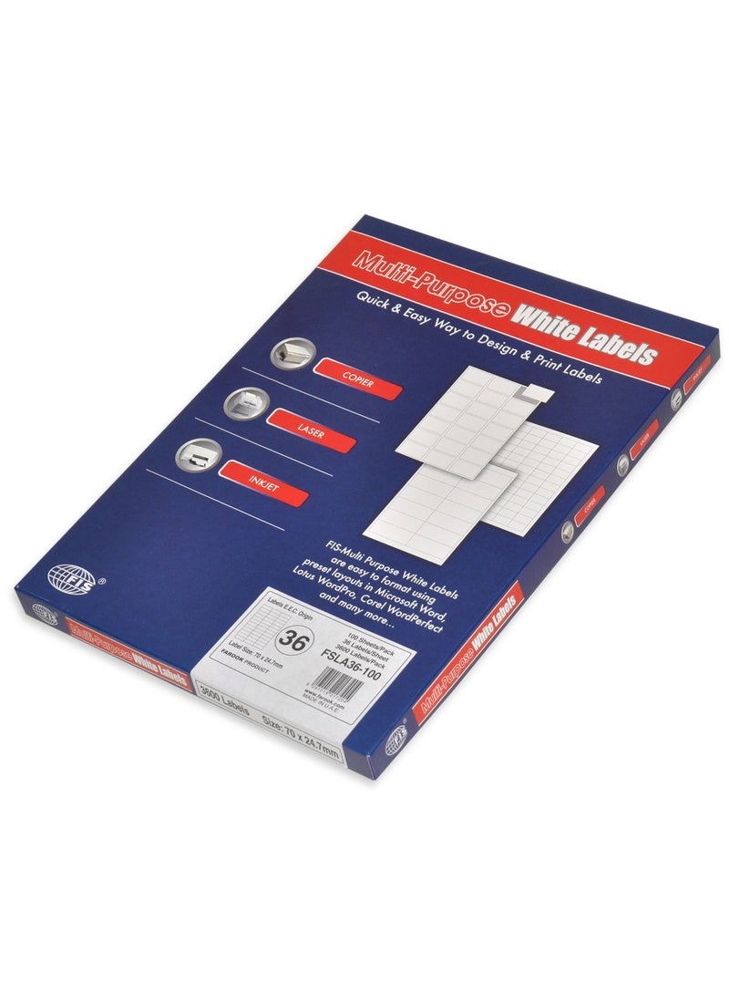 FIS ملصقات ليزر متعددة الأغراض من FIS، لون أبيض، حجم 70X24.7MM (36 ملصق × 100 ورقة) 3600 ملصق، حجم: A4 (21X29.7 سم)، عبوة من 100 ورقة -FSLA36-100 - Image 1