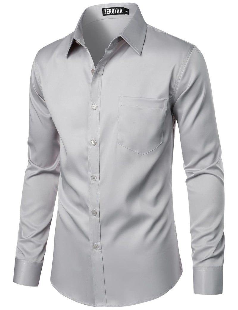 ZEROYAA Men's Urban Stylish Casual Business Slim Fit Long Sleeve Button Up Dress Shirt with Pocket ZLCL29-Light Gray Medium - Image 2
