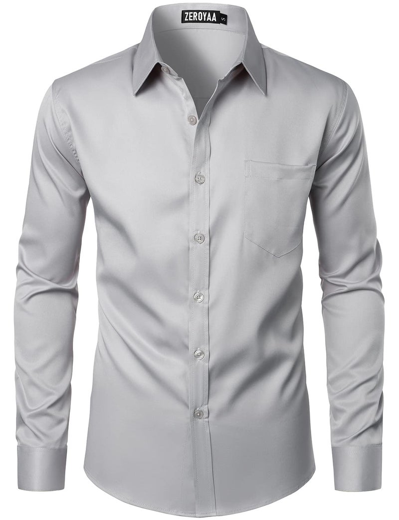 ZEROYAA Men's Urban Stylish Casual Business Slim Fit Long Sleeve Button Up Dress Shirt with Pocket ZLCL29-Light Gray Medium - Image 1