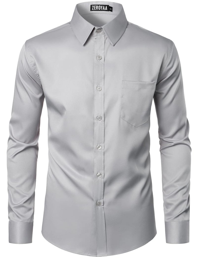 ZEROYAA Men's Urban Stylish Casual Business Slim Fit Long Sleeve Button Up Dress Shirt with Pocket ZLCL29-Light Gray Medium - Image 4
