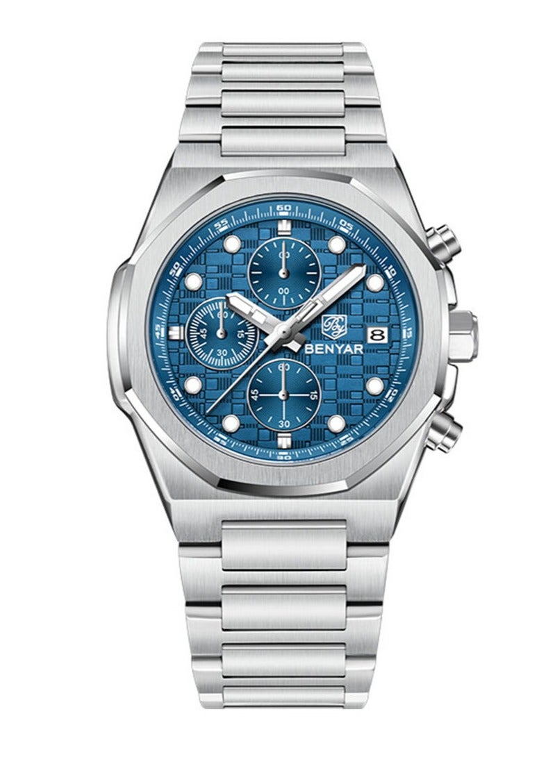 بينيار ساعة كوارتز رجالية ، كرونوغراف متعدد الوظائف ، حزام من الفولاذ المقاوم للصدأ ، حافة حجر الراين ، مقاومة للماء 50 م ، مؤشرات مضيئة ، ساعة يد أعمال غير رسمية ، أزرق فضي من 5216 م - Image 1