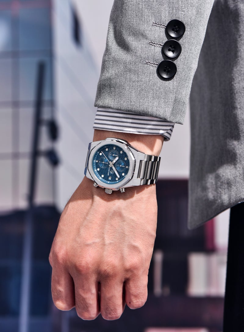 بينيار ساعة كوارتز رجالية ، كرونوغراف متعدد الوظائف ، حزام من الفولاذ المقاوم للصدأ ، حافة حجر الراين ، مقاومة للماء 50 م ، مؤشرات مضيئة ، ساعة يد أعمال غير رسمية ، أزرق فضي من 5216 م - Image 2